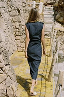 Z1975 BELTED DRAPED DENIM MIDI DRESS