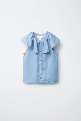 FLOWY RUFFLED DENIM BLOUSE