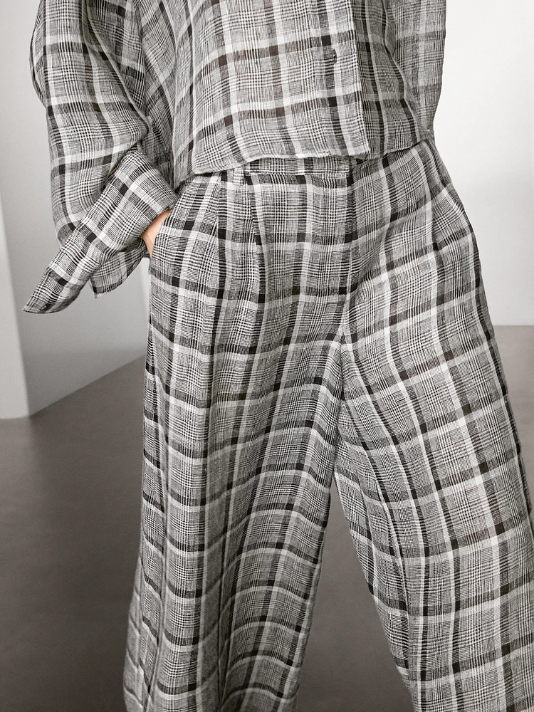 Pantalon palazzo à carreaux 100 % lin