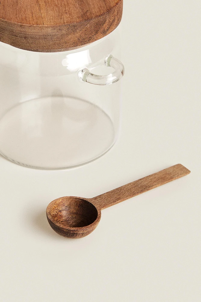 BOROSILICATE GLASS AND WOOD SUGAR BOWL