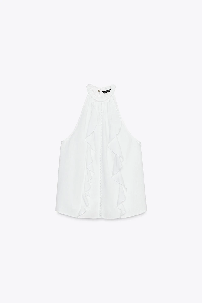 TOP HALTER VOLANTS AVEC RAMIE