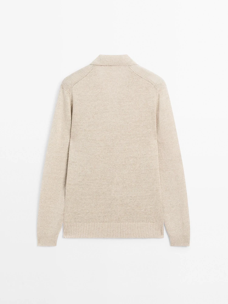 Linen blend melange knit polo sweater