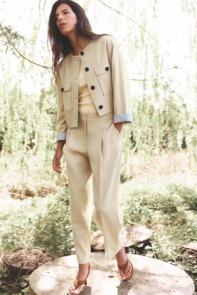 PLEATED LINEN STRAIGHT LEG PANTS