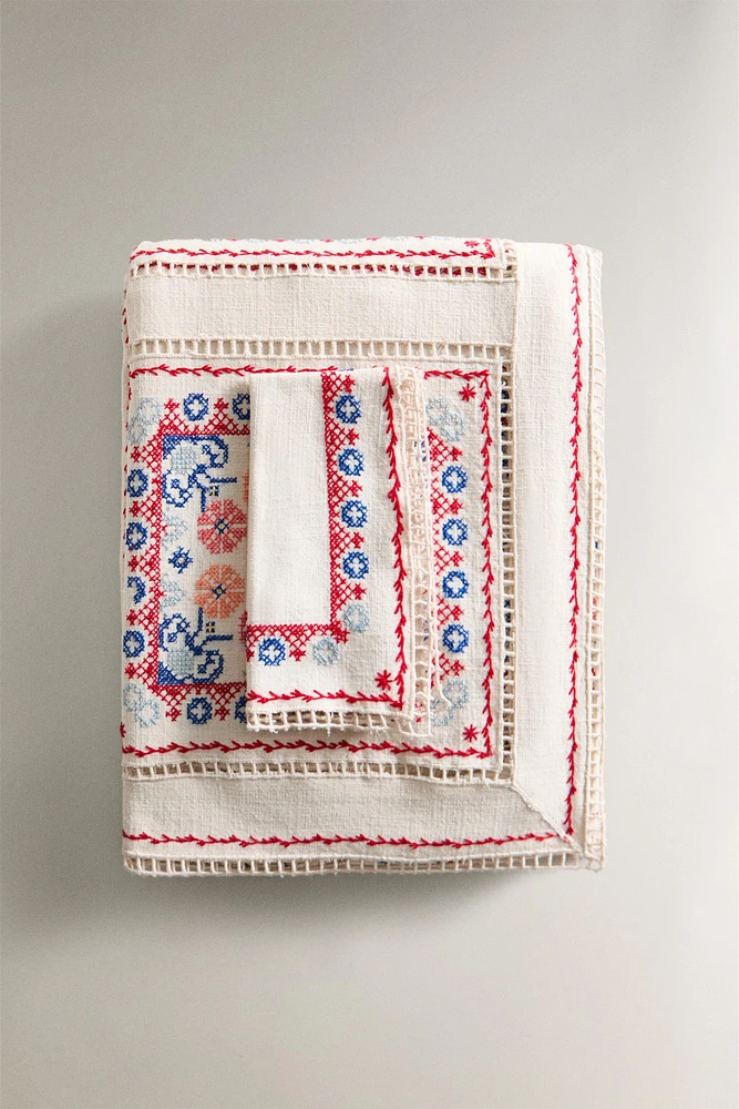 COTTON LINEN TABLECLOTH WITH EMBROIDERED CROSS-STITCH