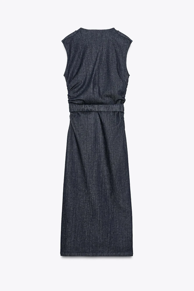 Z1975 BELTED DRAPED DENIM MIDI DRESS