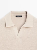 Cotton and linen blend knit V-neck polo shirt