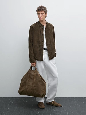 Chemise à col mao en cuir finition daim