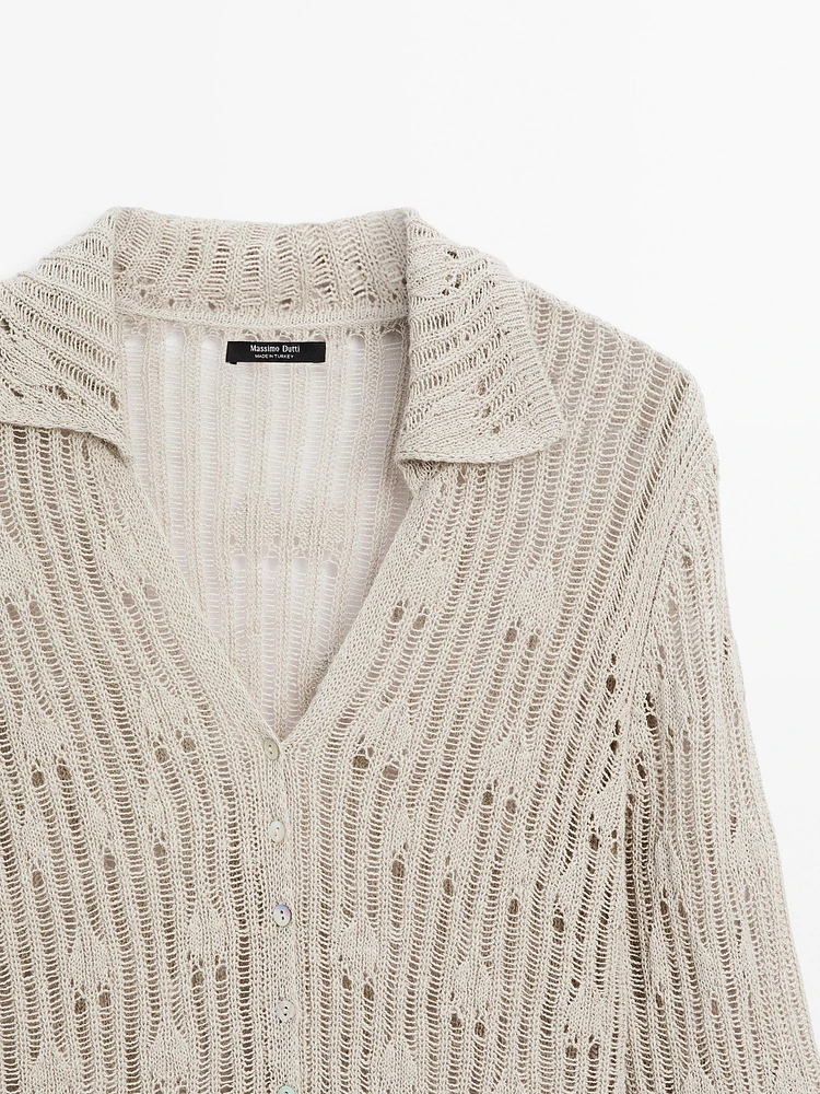 Cardigan en maille ajourée à col polo