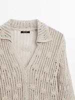Cardigan en maille ajourée à col polo