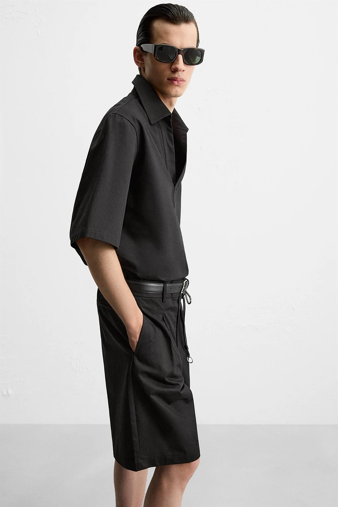 PLEATED COTTON LINEN SHORTS