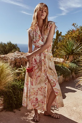 PRINTED LINEN MIDI DRESS