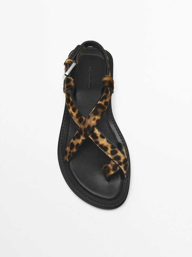 Animal print faux fur sandals