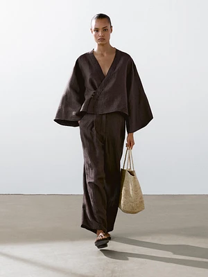 Kimono cache-cœur en lin mélangé