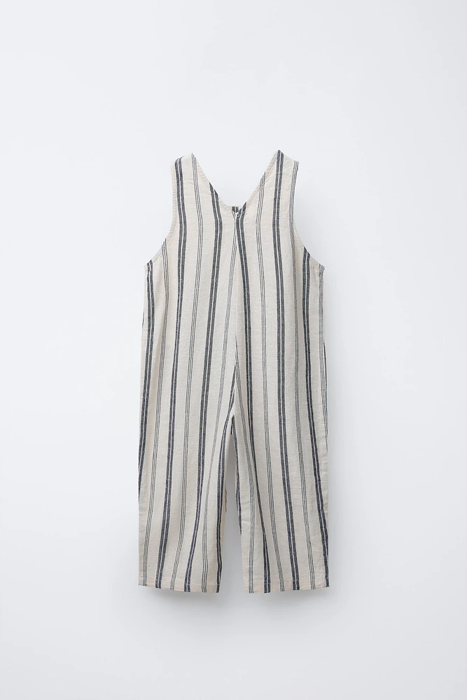 STRIPED LINEN LONG OVERALLS