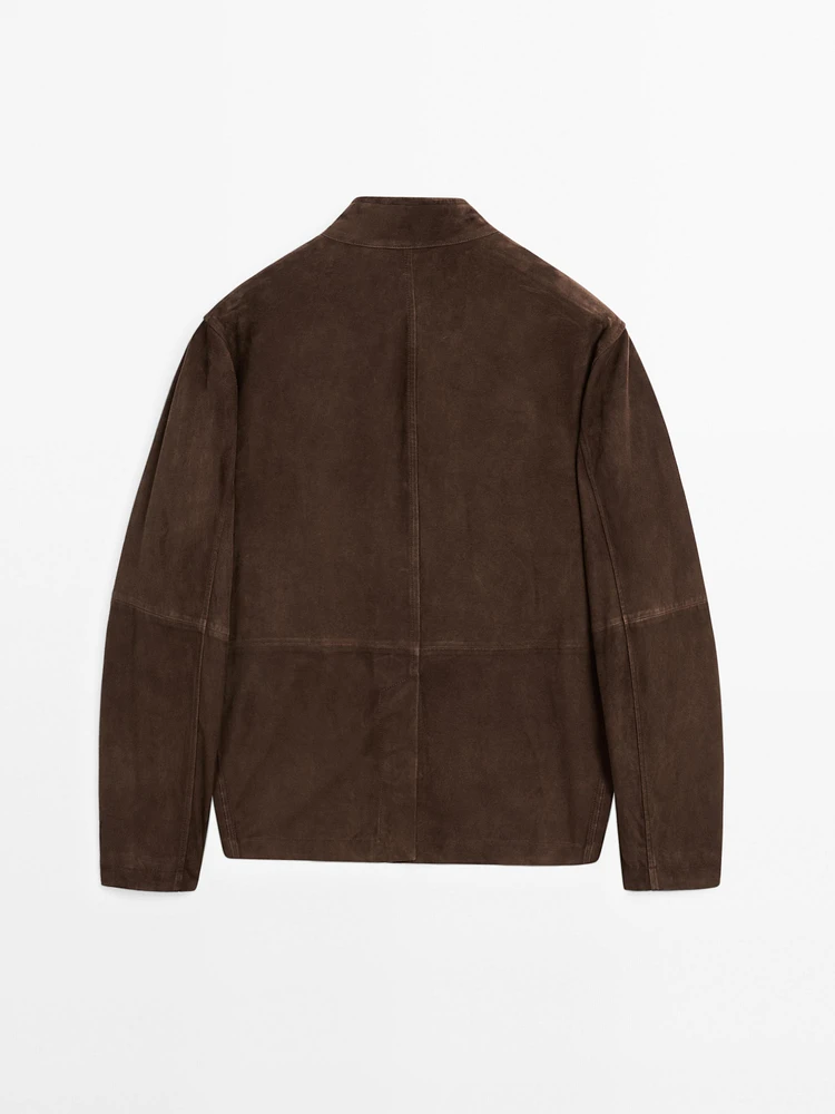Veste à col mao en cuir finition daim