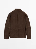 Veste à col mao en cuir finition daim