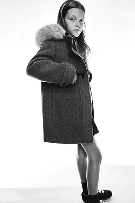 FAUX FUR HOODED DUFFLE COAT