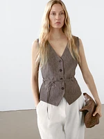 Veste sans manches chinée avec nœud en lin