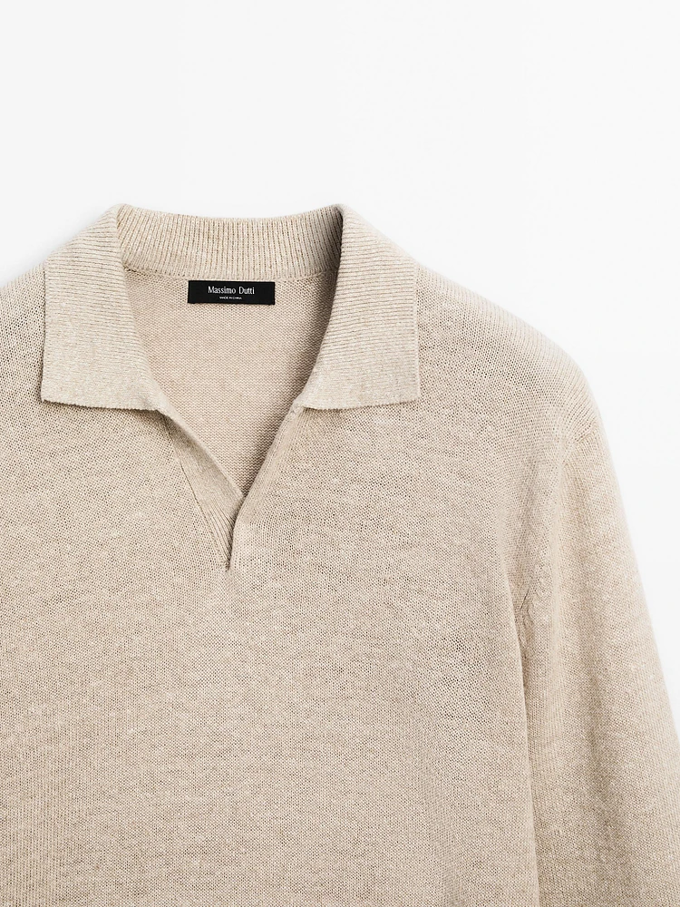 Linen blend melange knit polo sweater
