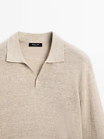 Linen blend melange knit polo sweater