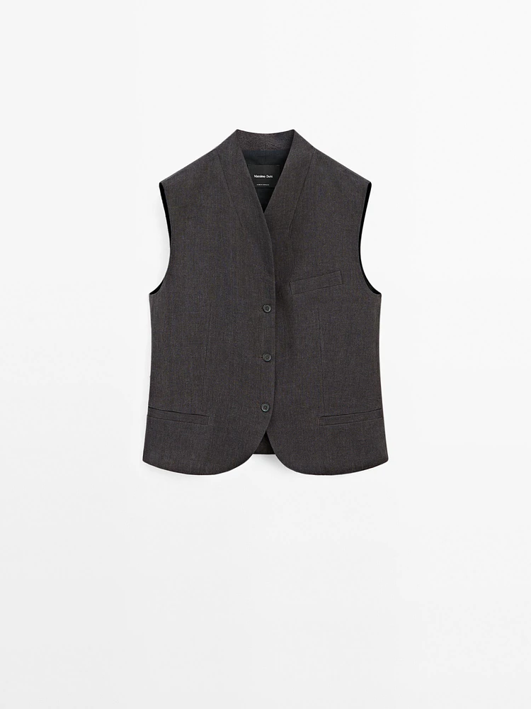 Veste sans manches col roulé 100 % lin