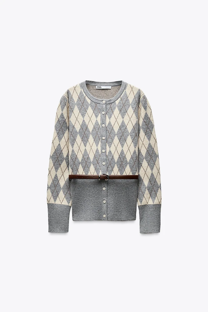 BELTED ARGYLE KNIT SWEATER