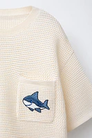 SHARK EMBROIDERED KNIT T-SHIRT