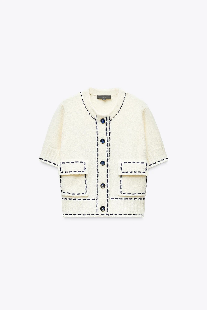 SHORT SLEEVE TOPSTITCHED CARDIGAN