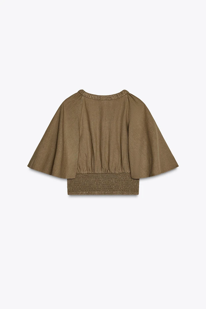 LINEN BLEND BLOUSE WITH RUFFLE SLEEVES