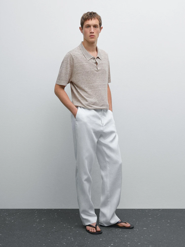 Melange linen knit polo shirt
