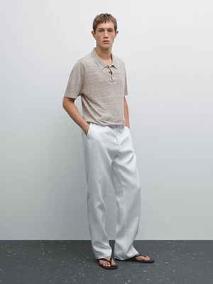 Melange linen knit polo shirt