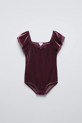 LACE TRIM VELVET BODYSUIT