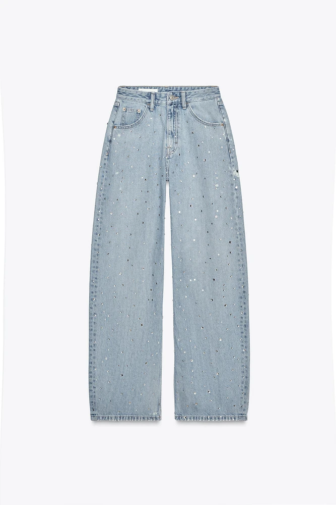 TRF CURVED HIGH WAIST RHINESTONE JEANS