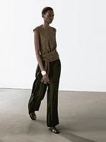 Melange linen blend top with tie detail