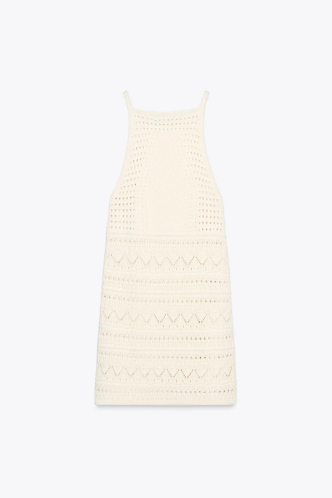 ROBE MINI HALTER EN MAILLE POINTELLE