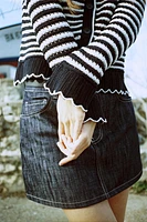 RUFFLED STRIPED KNIT CARDIGAN