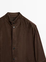 Veste à col mao en cuir finition daim