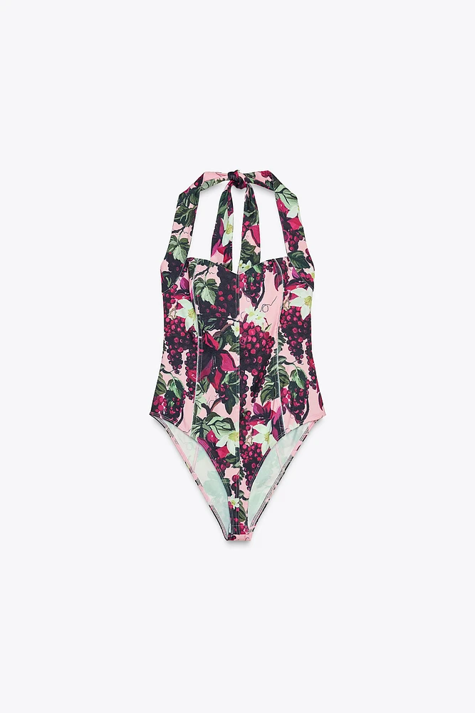 PRINTED HALTER BODYSUIT