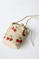 CHERRY PRINT MINI RAFFIA CROSSBODY BAG