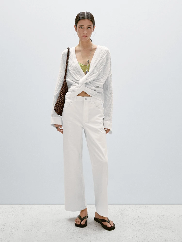 Pantalon straight cropped en coton mélangé