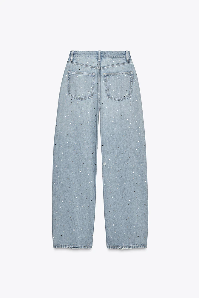 TRF CURVED HIGH WAIST RHINESTONE JEANS
