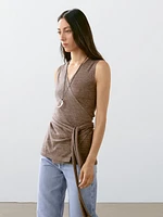 Linen blend knit crossover top