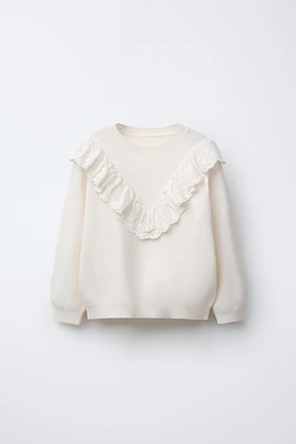 EMBROIDERED LACE TRIM KNIT SWEATER