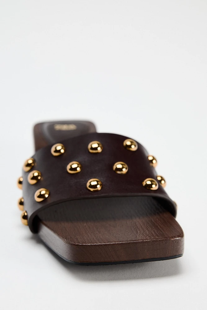 STUDDED LEATHER HEELED SANDALS