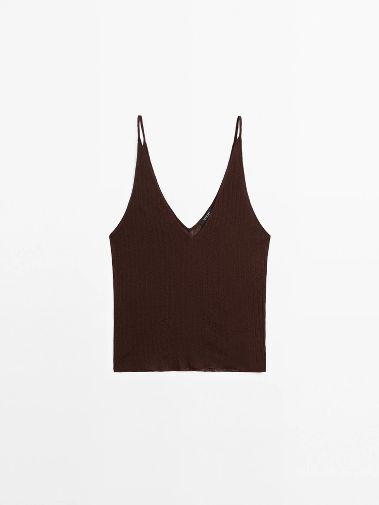 Openwork cotton blend strappy top