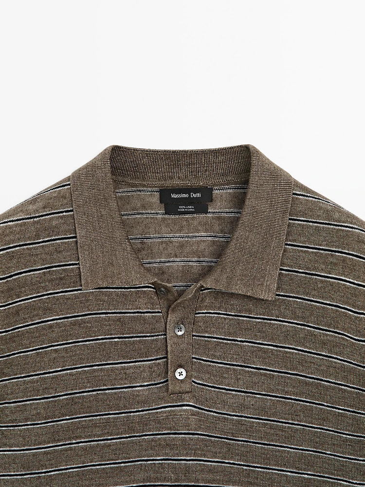 100% linen striped knit polo shirt