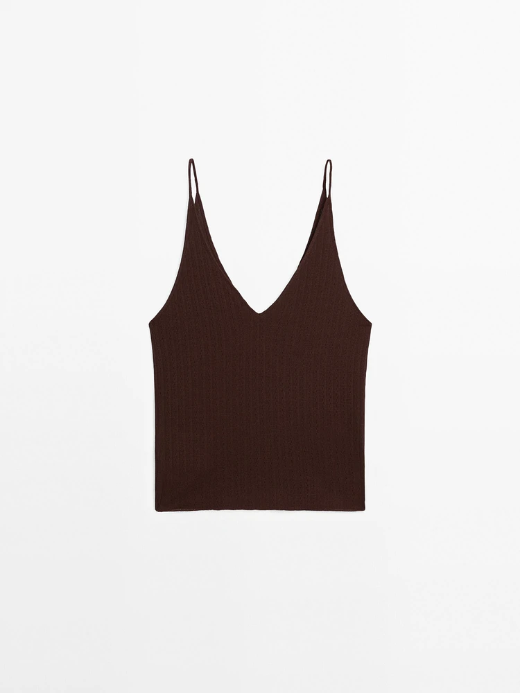 Openwork cotton blend strappy top