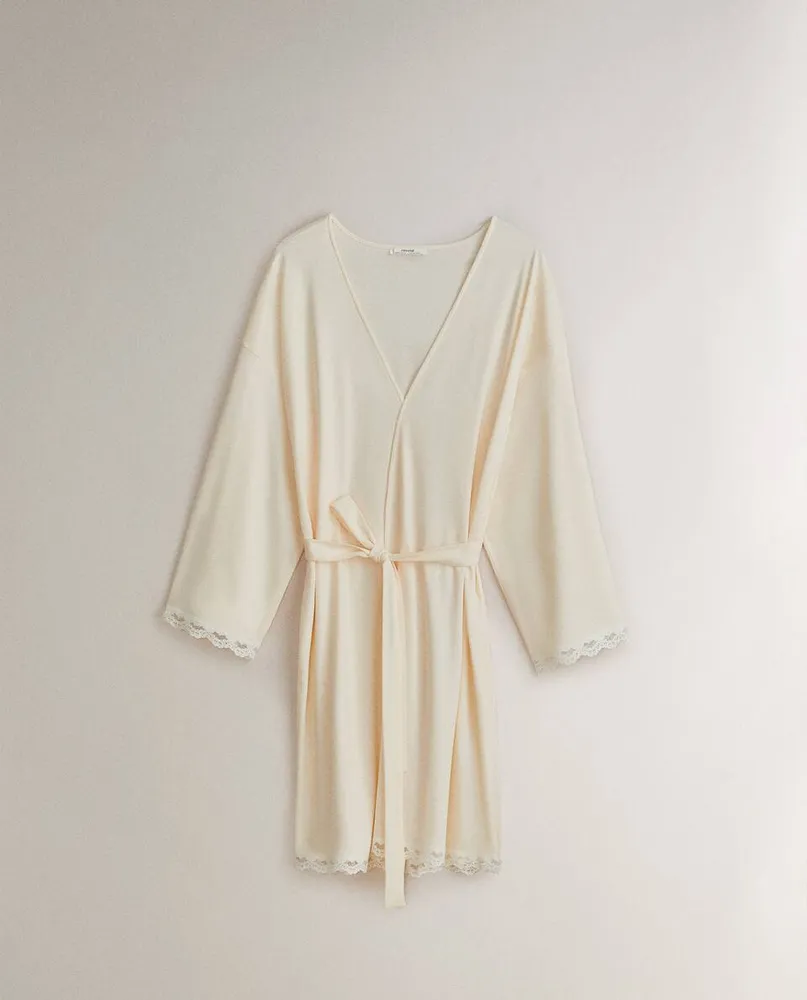 COTTON DRESSING GOWN WITH LACE TRIM