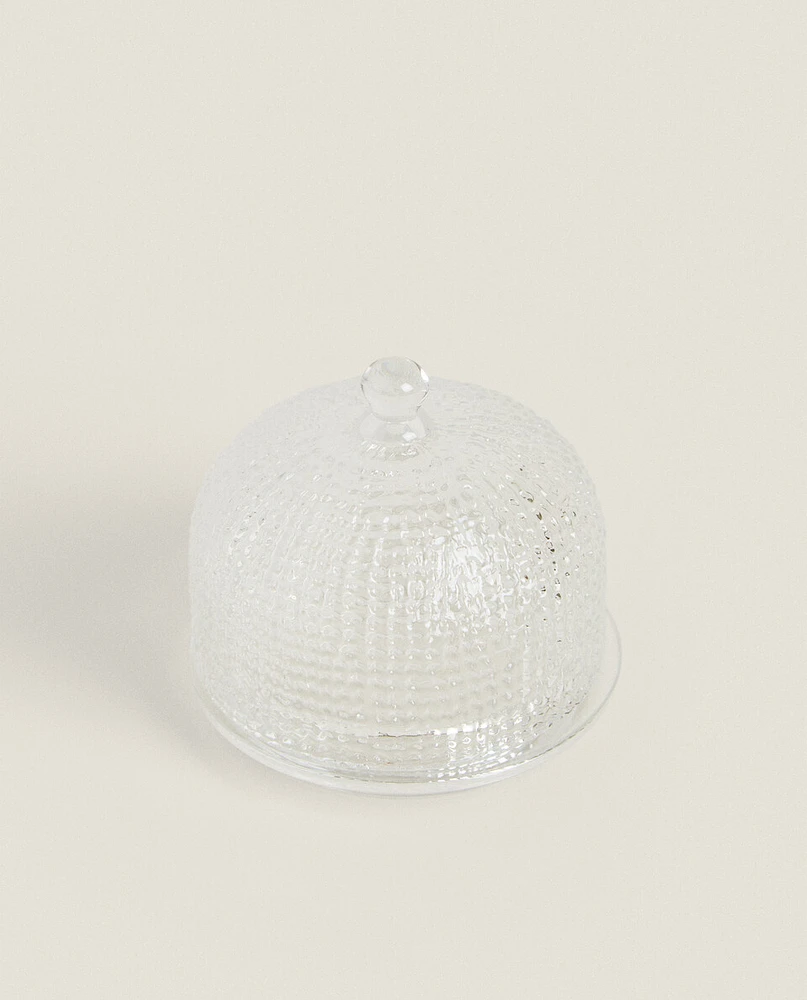 GLASS BUTTER DISH WITH RAISED DETAIL