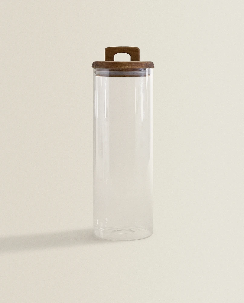 BOROSILICATE GLASS AND WOOD STORAGE JAR